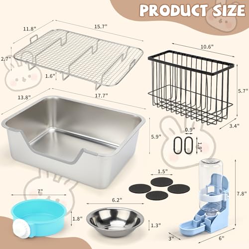 BWOGUE Large Stainless Steel Rabbit Litter Box, Bunny Litter Box with Grid | Raised Grid for Waste Separation, Hay Feeder, Water Dispenser, Easy-Clean Design, Guinea Pigs, Small Animals - size: M:17.7in ×13.8in × 5.9inches