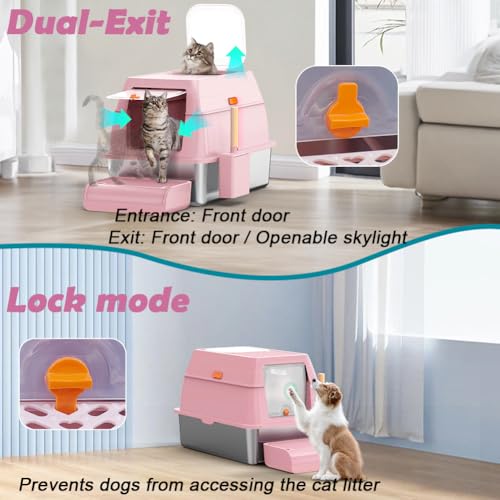 SZEE XL Stainless Steel Litter Box with Lid, Extra Large Metal Covered Litter Box, Stainless Box Easy Clean, Activated Charcoal Odor Control Design, Includes Litter Scoop & Mat & Step, Pink - color: Pink