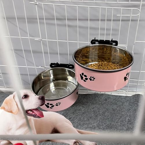 Dog Crate Food and Water Bowl 2Pcs Small Pet Hanging Kennel Removable Dish Feeding Cup No Spill with Holder for Medium Large Size Cat Puppy (Pink, 5.5''X2.3''&6.3‘’X2.5'') - color: pink