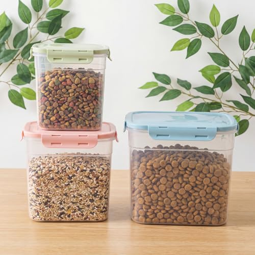 Patelai 6 Pcs Dog and Cat Food Storage Containers with Scoops Set Plastic Pet Food Storage Containers Stackable Airtight Dry for Kitchen 1.27, 2.4, 4 Qt (Pink,Blue,Green) - color: Pink,Blue,Green