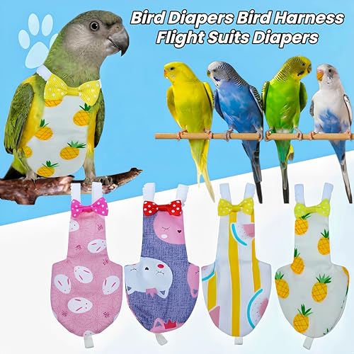 2Pcs Bird Diapers Bird Harness Flight Suits Diapers with 80 Inch Flying Leash Parrot Nappy Washable Cute Urine Wet Suit for Cockatiel Conure Macaw Budgies Parakeet-Rabbit&Kitten,M - size: M