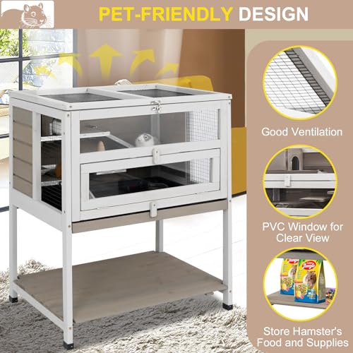 PetsCosset 25.6" Wooden Hamster Cage with No-Leak Pull-Out Tray | No-Leak Pull-Out Tray, Shelf and Ladder, Included Food Bowl, For Hamsters and Guinea Pigs, Small Animal Cage