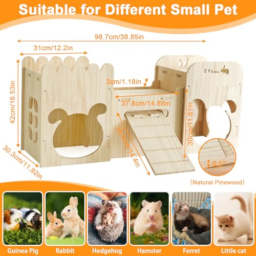 Large Natural Wooden Rabbit Castle,Bunny House,Detachable Rabbit Hideaway, Indoor Hamster Castle with Ramp, Small Animal Houses & Habitats for Guinea Pig Chinchilla Ferret - size: Large Natural wooden