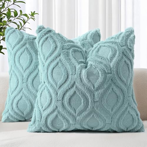 decorUhome Faux Fur Plush Soft Aqua Throw Pillow Covers 16x16 Set of 2 | Plush Solid Fall Couch Pillow Covers, Accent Modern Farmhouse Neutral Decorative Square Pillow Cases for Sofa Bed Living Room - color: Aqua, size: 16" x 16" (Pack of 2)