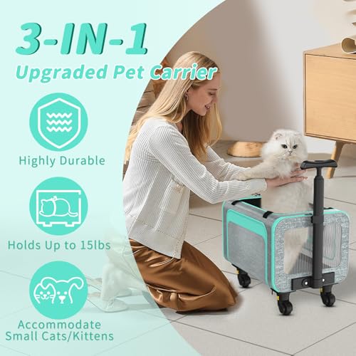Airline Pet Carrier with Wheels, 18x11x11 for Cats & Toy Dogs | Soft-sided nylon under-seat bag, removable wheels, expandable mesh, cats & toy-breed dogs, measure pet before buying - color: Green