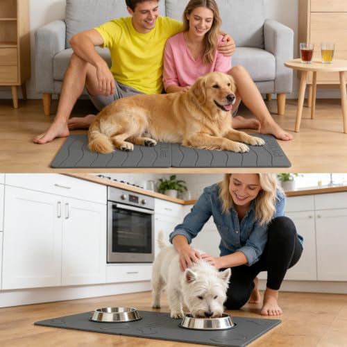 Double-Side 2 in 1 Stone Pet Food Mat & Cooling Mat (31"*16") | Instant dry water absorbing Diatomite Stone Dog Bowls Drying Mat & Heat dissipating Pet Cooling Mat. Bite-Proof & Non-slip. - color: DARK GREY, size: 31"*16"