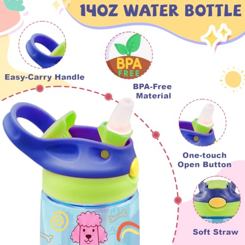 Kids Plastic Water Bottle - Cartoon Dogs Water Bottle for Kids, 14oz Plastic Water Bottles with Straw Lid, Leakproof BPA-Free Dogs Water Bottles for Home Sports Travel, Pop-Up Straw Cover, Blue - color: Dog