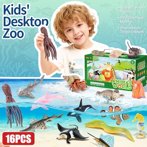 16PCS Realistic Ocean Animal Figurines Sea Animal Toys Figures | Solid Realistic Marine Animals Toy Figures Set Cake Topper, Diorama Decor, Classroom Teaching Prop & Children Birthday Gift