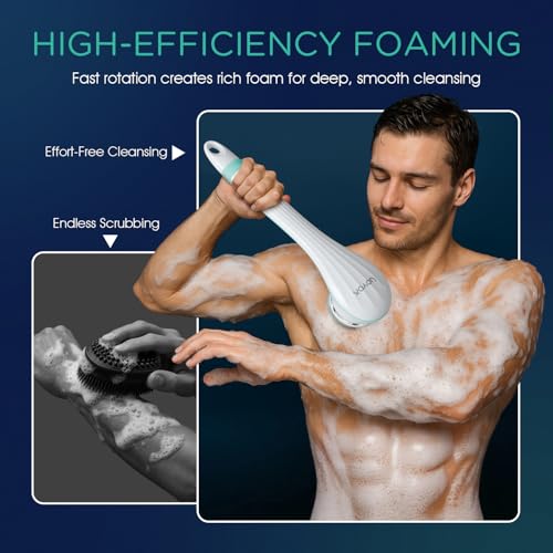 VOYOR Electric Silicone Body Scrubber, Back Brush for Shower Rechargeable | Waterproof Long Handle Body Brush, Power Bath Brush for Cleansing, Exfoliating, Massaging Skin Back Scrubber BC100, Blue - color: Blue