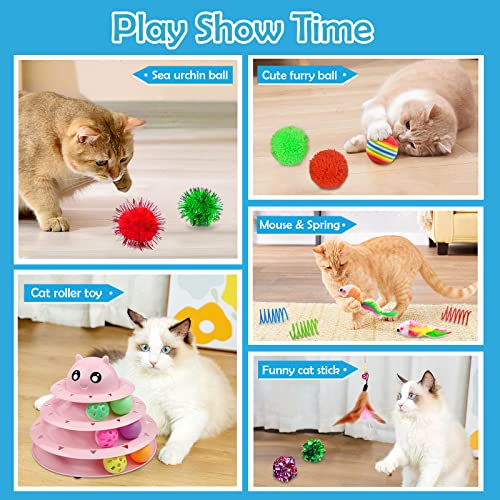 UPSKY 20 PCS Cat Toys Set with Teaser, Mice, Spring, and Various Ball Toys | Puzzle Kitten Toys, Sturdy Structure, Detachable Design, Easy to Assemble, Anti-Slip, Reduces Boredom for Indoor Cats - color: B-20PCS-Pink