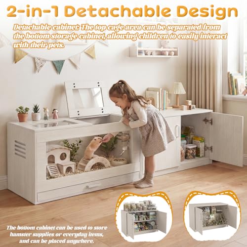 Hamster Cage with Storage Cabinet Detachable, Large Wooden Small Animal Habitat with Easy-Clean Drawer & Acrylic Panels for Guinea Pig, Rabbit, Hedgehog, Chinchilla (Beige) - color: Beige