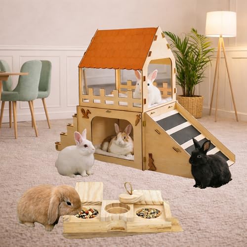Deluxe Extra Large Wooden Rabbit Castle with Feeding Station, 2-Story Spacious Bunny Hideout House, Easy Assembly Indoor Habitat for Rabbits, Guinea Pigs and Chinchillas