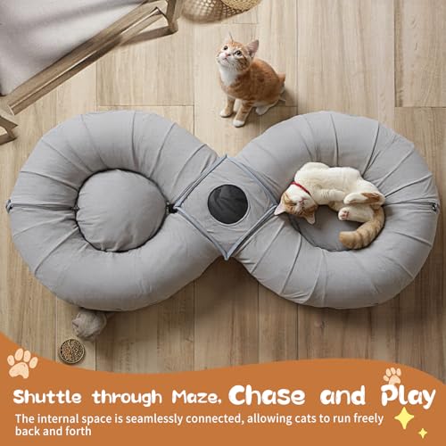 Pawaboo 2-in-1 Cat Tunnel Bed, 8-Shaped Cat Tunnels, Grey | Foldable Cats Cave Hideout Kitty Toys with Fluffy Balls, Donut Tunnel for Kitten Rabbit Ferret - color: Gray, size: 68.9 x 31.5 x 11.8in