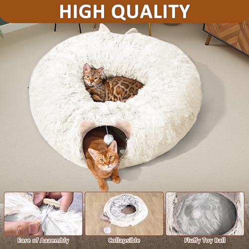 Cat Tunnel with Cat Bed for Indoor Cats, Soft Plush Peekaboo Cat Cave Donut Tunnel, Multifunctional Playground Toys Hideplace for Small Medium Large Kittens, Rabbit, Ferret (Cream White) - color: Cream white