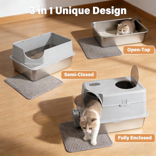 Stainless Steel Litter Box with Lid, XL Large Enclosed Cat Litter Box | Metal Cat Litter Box for Big Cats with High Sided,Anti-Leakage,Front & Top Entry,Includes Mat & Scoop - size: XL (Enclosed)