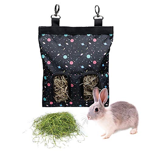 Rabbit Hay Feeder Bag Hanging Hay Rack (Pattern Black, 2 Windows) | Guinea Pigs Manger Holder Dispenser Small Animal Feeder Storage Pouch for Bunny Chinchilla Hamster - color: Pattern Black