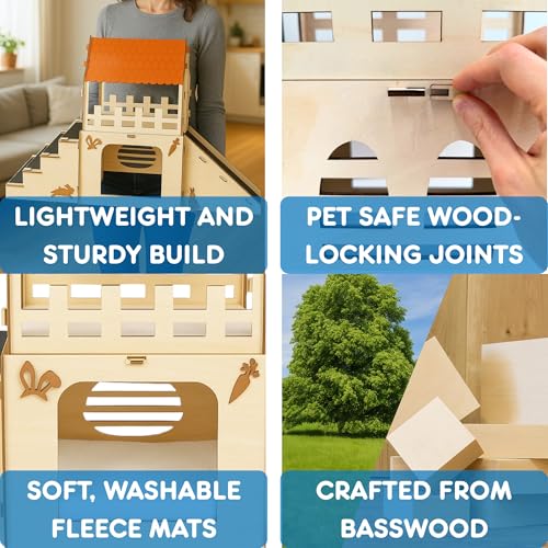OtterPets Extra Large Bunny Hideout, Wooden Rabbit Castle with Fleece Mats | Pet-safe wood joints (no rubber bands), rabbit hideout made of safe wood, bunny house indoor; chinchilla and guinea pig safe - color: Pet Safe Wood Joints