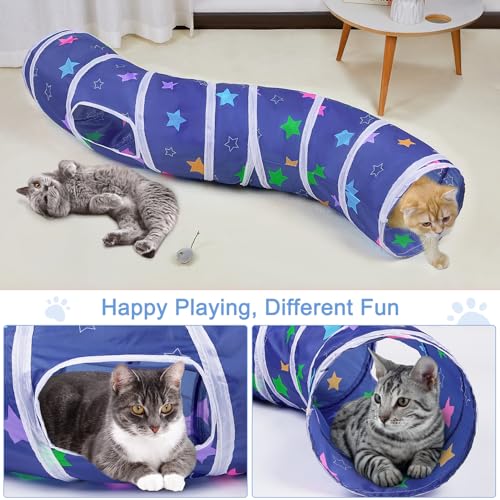 Glittme S-Shape Cat Tunnel, Foldable Cat Tunnels for Indoor Cats | Interactive Bunny Tunnel And Cat Tubes With Crinkle Sounds. Ideal For Kittens, Ferrets And Small Pets To Hide, Play Or Rest - color: Blue with colorful stars