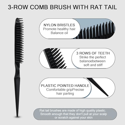SIMPOR 3 Row Hair Comb for Natural Detangling, Hair Styling Brush, Nylon Bristle Unbraider Teasing Rat Tail Comb for Women Men Black and Pink - color: Black and Pink
