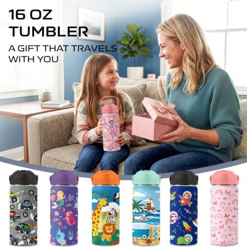 Castle 16 oz Water Bottle with Straw – Kid Stainless Steel Vacuum Insulated Cup, Leakproof Straw Lid, Reusable Travel Mug for Girls Outdoor Sports - color: Castle1