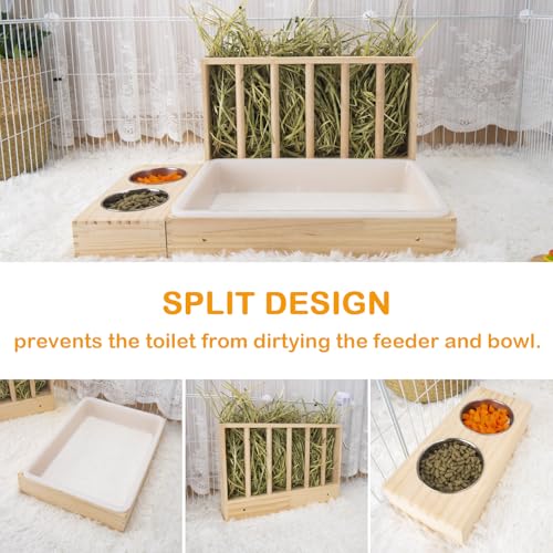 BESNEW 3 in 1 Rabbit Hay Feeder with Litter Box,Wooden Hay Feeder with 2 Bowls & Litter Box for Guinea Pig Chinchilla Bunny Other Small Animals,Large Capacity & Preventing Waste - color: Natural 1, size: 15.7in Style1