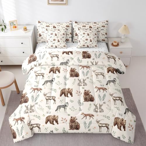 Erosebridal Woodland Animals 7 Piece Comforter Set Twin Size Bear Deer Hunting Theme Bedding Set for Kids Child Bedroom | Cartoon Rabbit Wolf Fox Wildlife Duvet Insert Rustic Cabin Lodge Decor Sheets - color: Brown Grey Green, size: Twin
