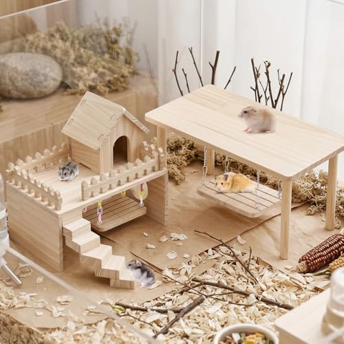 2-piece Hamster cage Accessory Toy Set Includes a Swing, Platform, Stairs, and Fence for a Hamster House, Suitable for Small Animals Such as Syrian Hamsters, sandrats, and Hamsters