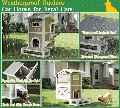 Outdoor Cat House Weatherproof Cats Shelter for Feral Kitten Pet Houses for 1-2 Small Animlas 2 Story Wooden Houses for Indoor Outdoor Cats with Escape Doors (29.7" D x 22.8" W x 35.4" H) - style: 29.7"D x 22.8"W x 35.4"H