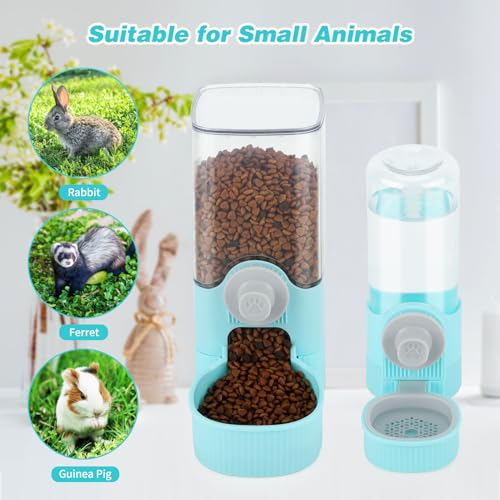 YUEPET Rabbit Water Dispenser & Food Dispenser Set, Automatic Rabbit Feeder | Bunny Feeder and Rabbit Water Bottle, 1.2L Feeder, 0.52L Waterer, Cage-Mount Design for Guinea Pig Chinchilla Ferret Cat - color: Blue