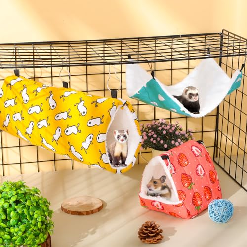 Abbylike 9 Pieces Rat Guinea Pig Hanging Hammock Ferret Cage Accessories Small Pet Hideout Tunnel Cave Hanging Hammock Hamster Toy Accessories for Ferret Hamster Chinchilla(Strawberry)