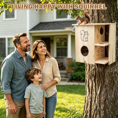 Large Squirrel House for Outside with Window, Wooden Squirrel Nesting Box | observation window, Dual Balconies, Lockable Front Panel, Extend the Eaves