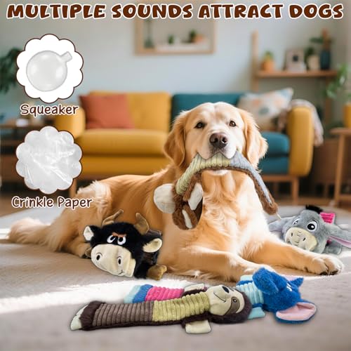 No Stuffing 5 Pack Dog Squeaky Toys, Chew with Crinkle to Large Puppy | Interactive to Keep Pets Busy, Durable Plush Pet Teething Toys, Toss, Fetch, Tug of war Play, Best Birthday Holiday Gift - color: Grey,blue,balck,khaki,coffee