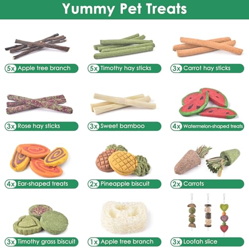 KATUMO Rabbit Chew Toys, Bunny Treats Chew Toys for Small Animals | Strung Hanging Toys for Teeth, Natural Apple Wood Sweet Bamboo Grass Timothy Sticks for Guinea Pig, Hamster, Chinchilla