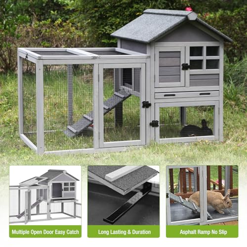 51.6’’ Large Rabbit Hutch Indoor Outdoor, Bunny Cage with Run, Wooden Rabbit House with Anti-Chewing Ramp, Waterproof Roof and Leakproof Deeper Tray (Grey) - color: Grey