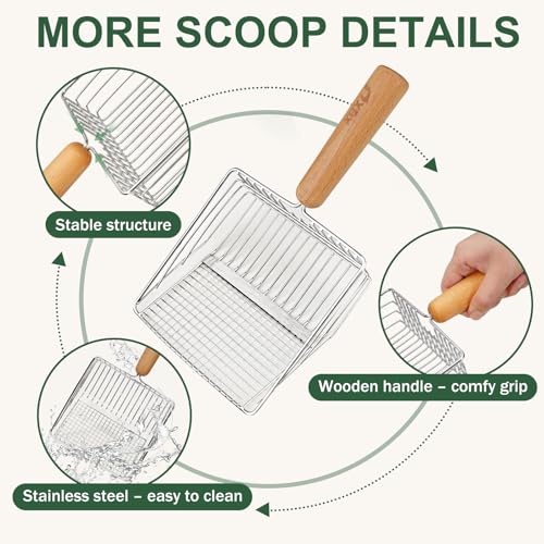 XBX Cat Litter Scoop with Holder, Heavy Duty Litter Sifter, Stainless Steel Litter Shovel, Litter Scooper with Beech Wood Grip and Washable Stand, Perfect for Cat Litter Box Cleaning
