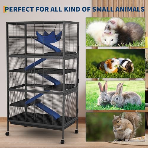 Ferret Cage, 59" H Large Ferret Nation Cage with 5 Removable Ramps, Hammock, Metal Small Animal Cages On Wheels for Chinchillas, Guinea Pigs, Rabbit, Sugar Glider (Black) - color: Black