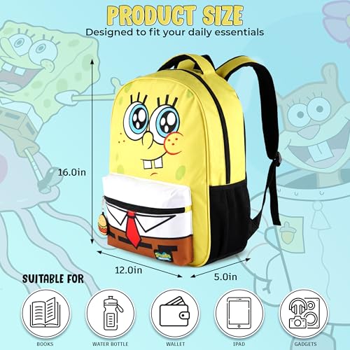 AI ACCESSORY INNOVATIONS SpongeBob Square Pants Backpack for Boys & Girls, 16” Big Face Nylon Twill Bookbag w/Molded Hamburger Patty Dangle, Yellow - style: Spongebob Square Pants