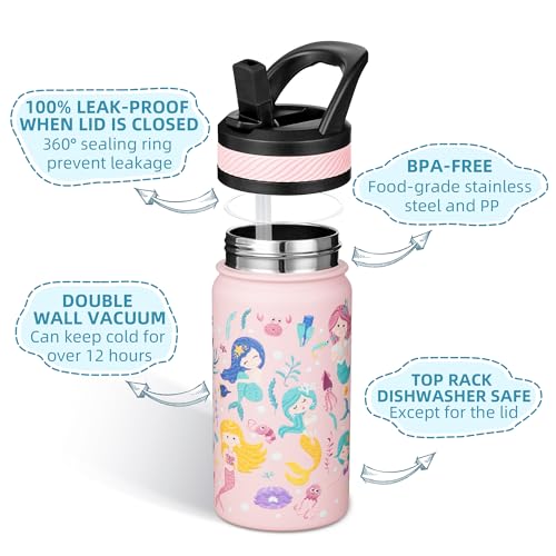 Fanhaw 14 oz Kids Water Bottle for School, Insulated Water Bottle with Straw Lid, Stainless Steel Vacuum Insulated Bottle for Boys & Girls, Leak-Proof, BPA Free(Pink - Sweat Mermaids) - color: Pink - Sweat Mermaids
