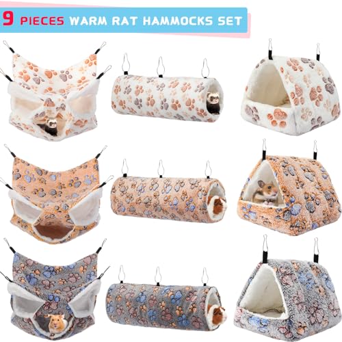Abbylike 9 Pieces Rat Hammock 3 Tier Guinea Pig Ferret Hammocks Small Pet Hanging Tunnel Glider Toy Guinea Pig Ferret Hideout Bed Cage Accessories for Hamster(Light Brown, White, Black,Paw) - color: Light Brown, White, Black