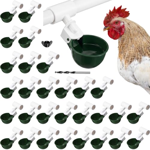 LemonRoad 30 Set Automatic Chicken Waterer Cup with 1/2" PVC Tee Fitting Chicken Drinking Bowl, Poultry Drinker Mounting Hole Opener,Water Dispenser Feeder for Duck, Goose, Pigeon(Military Green) - color: Military Green