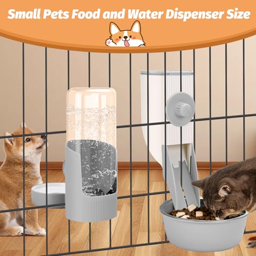 Yummy Sam Hanging Cage Automatic Small Pet Food Bowl Water Bottle Dispenser, Kennel 500ML Waterer and Auto Gravity Pet Feeder Set with Separate Food Bowl Crate Feeder Dish for Puppy Cats Rabbit (Grey) - color: Grey White