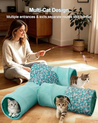 Cat Tunnel, 3 Straight Shaped Tunnels 6 DIY Shapes with Wand Toys, No Noise Scratch Resistant Cool Linen Fabric, Interactive Pet Tunnel Tube for Indoor Cats, Puppy and Rabbits - color: Blue Flower
