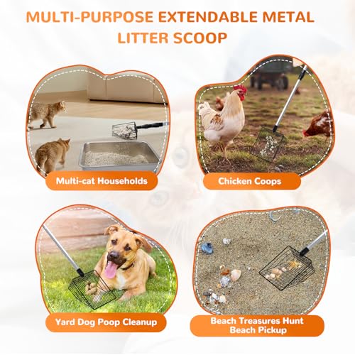 Metal Cat Litter Scoop with Holder, 43" Extendable Long Handle Cat Scooper for Litter Box, Solid & Durable, Deep Shovel for Fast Sifting, Large Pet Pooper Scooper for Kitty/Outside Dog Poop - size: Long Handle