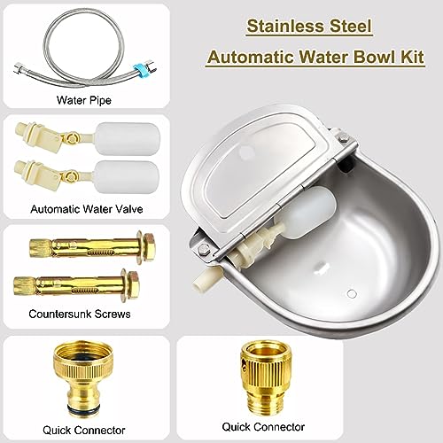 Automatic Animal Water Bowl with Float Valve, 304 Stainless Steel Livestock Water Dispenser for Dog Horse Goat Pig Cow Livestock Water Bowl Kit Includ Pipe Hose, Quick Connecter, Expansion Bolt - size: Automatic Stainless Steel Waterer