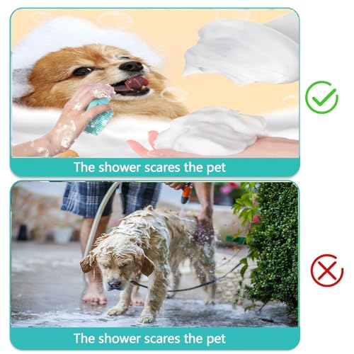Pet Bath Scrubber Brush, Dog Grooming Massage Shampoo Bath Brush with Soap and Shampoo Dispenser Soft Silicone Bristle for Long Short Haired Dogs Cats Shower (Blue)