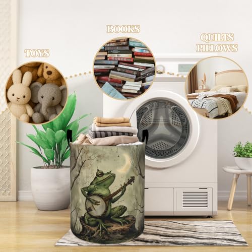 Frog Playing Banjo under Crescent Moon Laundry Basket, Dorm Nursery Foldable Laundry Hamper Organizer for Bathroom Decor, Toy Clothes Storage Box for Bedroom 19.7x15.7 Inch - style: Frog19