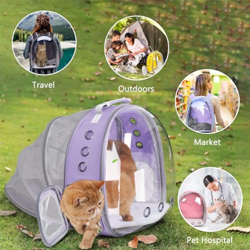 Expandable Cat Carrier Backpack with Bubble Window, Purple | Breathable mesh, anti-collapse frame, side door, safety leash and escape-resistant zippers for vet visits and outdoor travel. - color: Purple