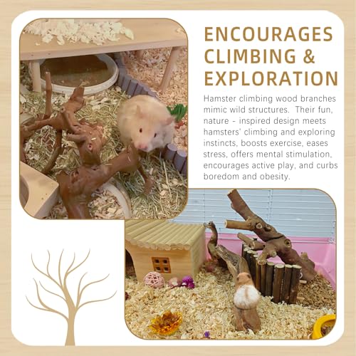 kathson 2Pcs Wood Hamster Climbing Branches Decor, Natural Wooden Syrian Hamster Climb Chewing Toys, Rat Exercise Toys, Small Animal Habitat Decor Accessories for Dwarf Pets, Mice, Gerbils - size: 9.8in