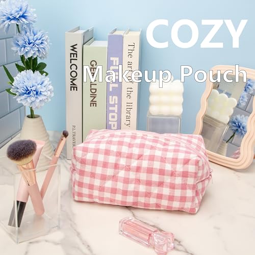 PAZIMIIK Cozy Makeup Bag for Women,Zipper Cosmetic Pouch,Checkered Pink | Soft Cosmetic Organizer for Makeup,Skincare,Toiletries,Daily Beauty Essentials,Purse,On-the-Go,Bridesmaid Gifts - color: Checkered Pink