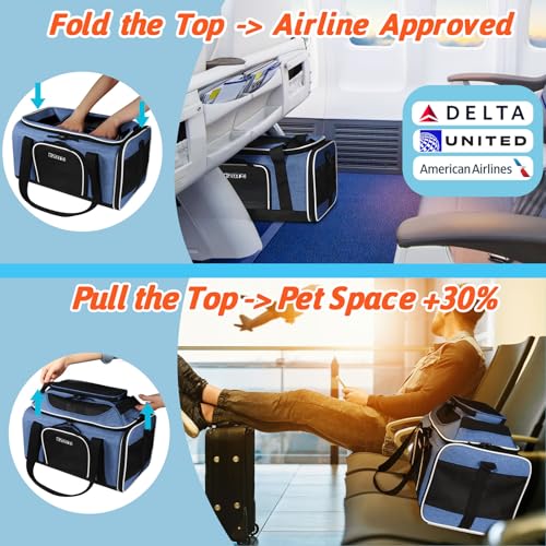 Top-Expandable Small Pet Carrier 18"x11"x11" Airline Approved | for Delta/American/United Airlines, Lockable Safety Zippers and Anti-Scratch Mesh, Soft-Sided, Pets Under 10 Lbs, Blue - color: Blue, size: 18.0"L x 11.0"W x 11.0"H
